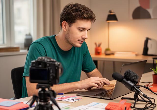 Giampiero Coco beim Erstellen eines Social-Media-Beitrags an einem Schreibtisch mit Kamera und Mikrofon