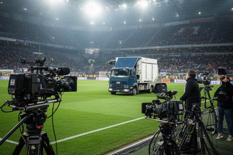 Kamerapositionen und Ü-Wagen bei einer Sportübertragung in einem österreichischen Stadion